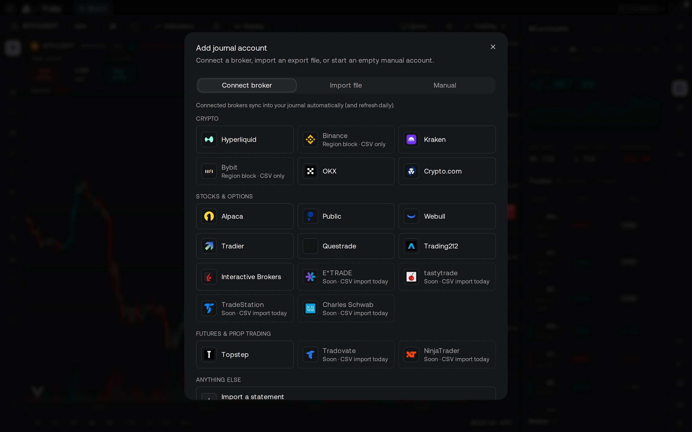 The Add journal account dialog on Connect broker: a tile for each broker and exchange that syncs into the journal, read-only