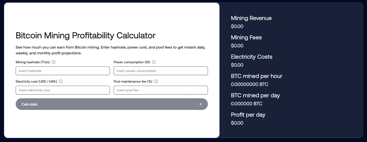Bitcoin Mining Profitability Calculator screenshot