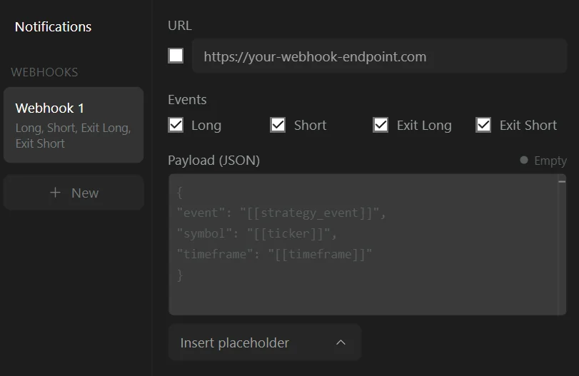 LuxAlgo Strategy Alerts webhook settings panel with URL, event toggles and JSON payload field