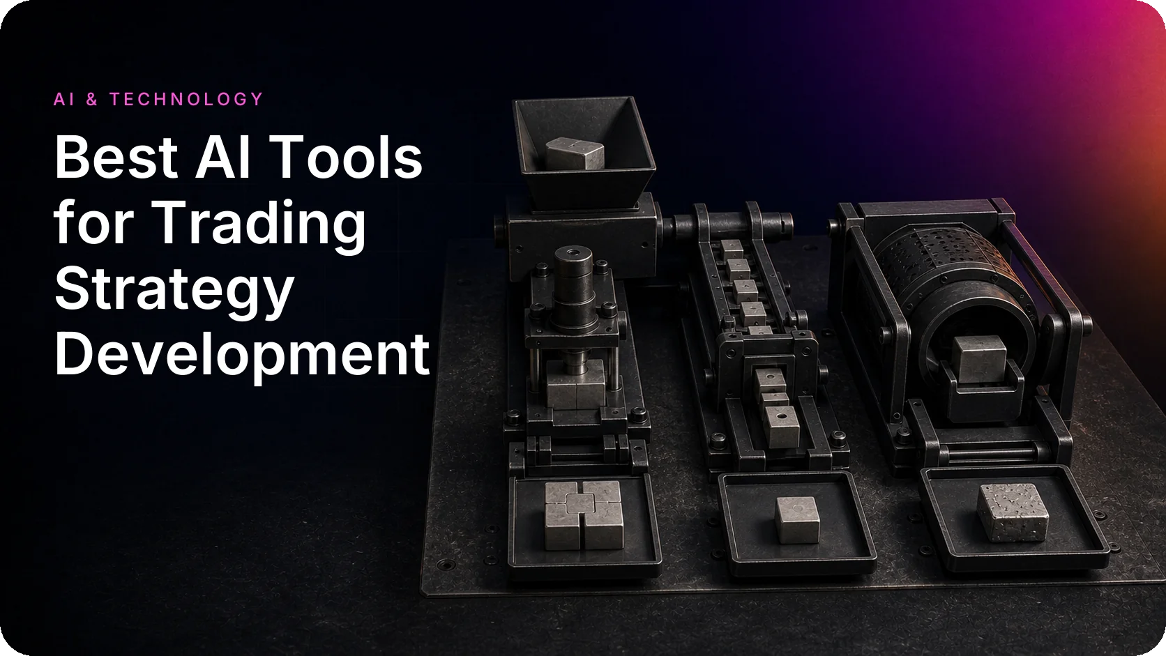 Three metal machines, a press, a conveyor and a drum, shaping raw blocks into finished cubes, illustrating strategy development tools