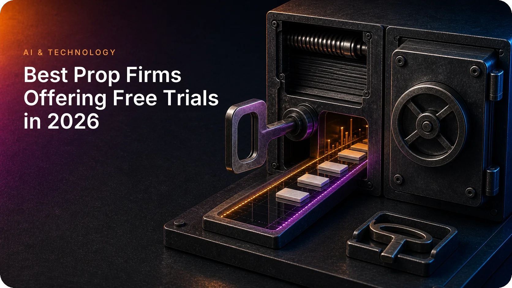 Metal safe opened by a key, with a glowing tray of chart bars sliding out, illustrating prop firm free trials