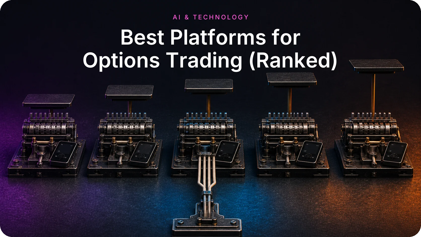 Five metal machines with platforms at rising heights, each with a handheld device, illustrating ranked options platforms