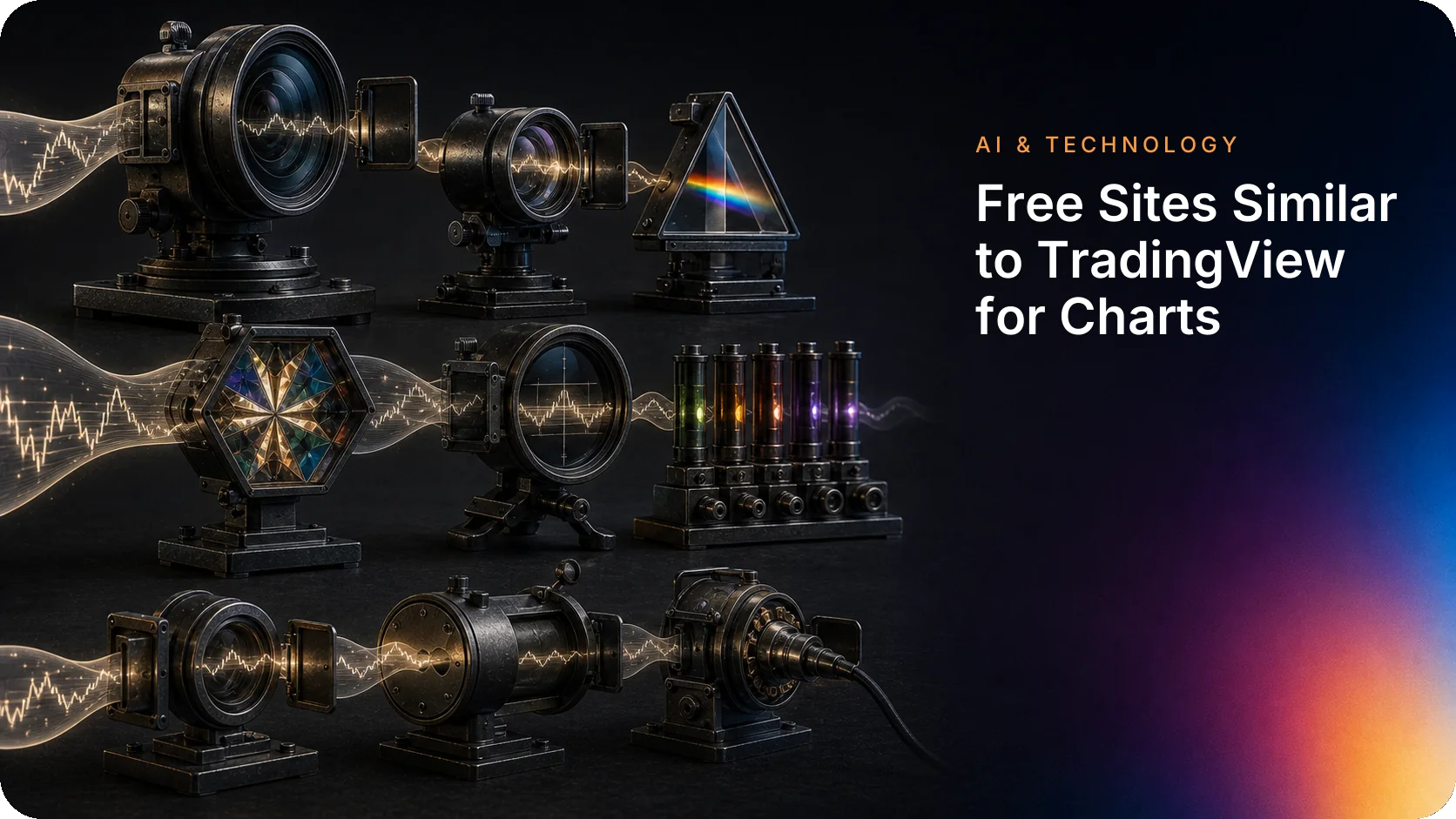 Cover illustration: dark metal lenses, a prism and glowing tubes processing a price line, for a guide to free charting sites