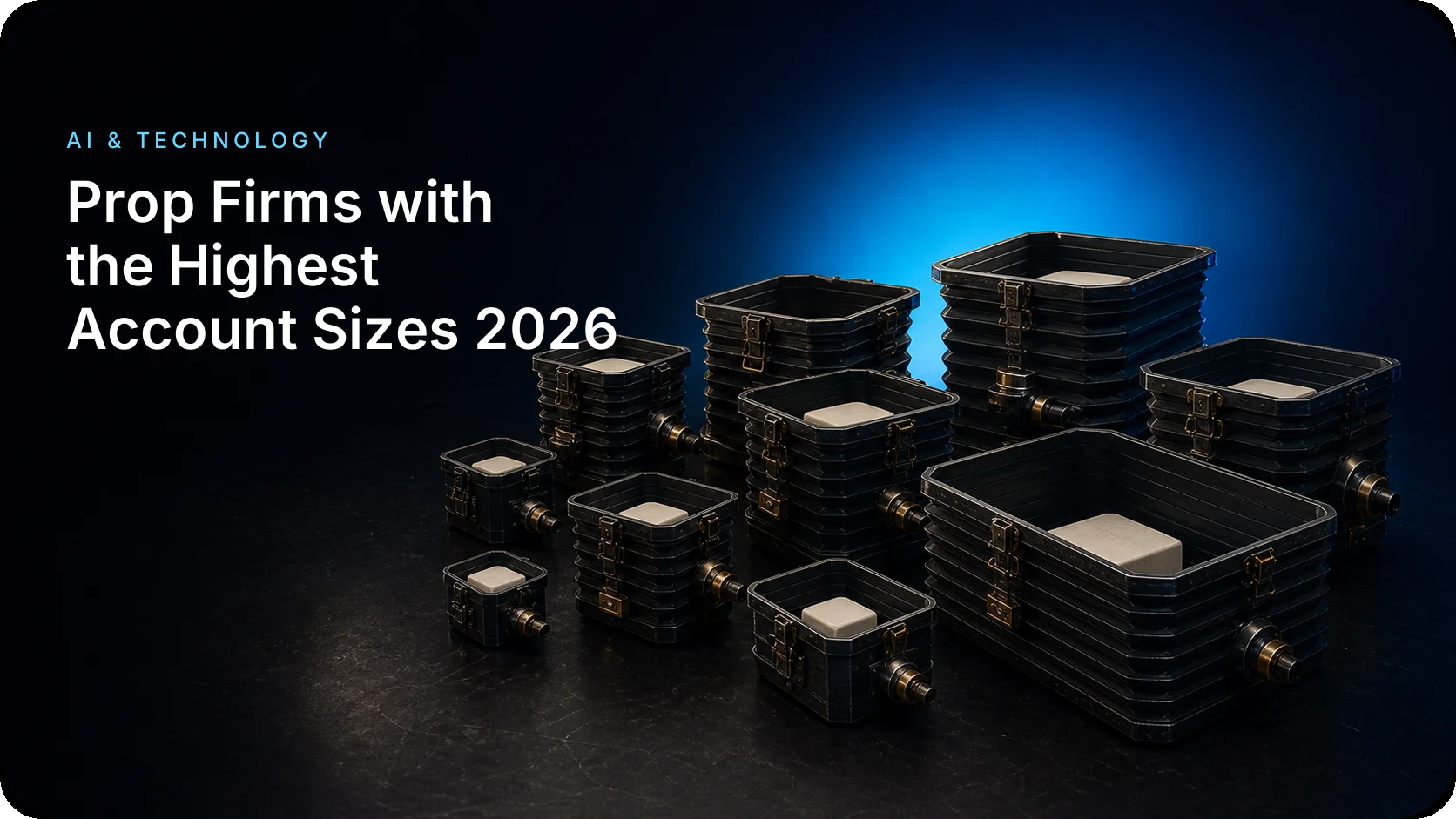 Dark metal cases of increasing size with brass latches, illustrating prop firm account sizes