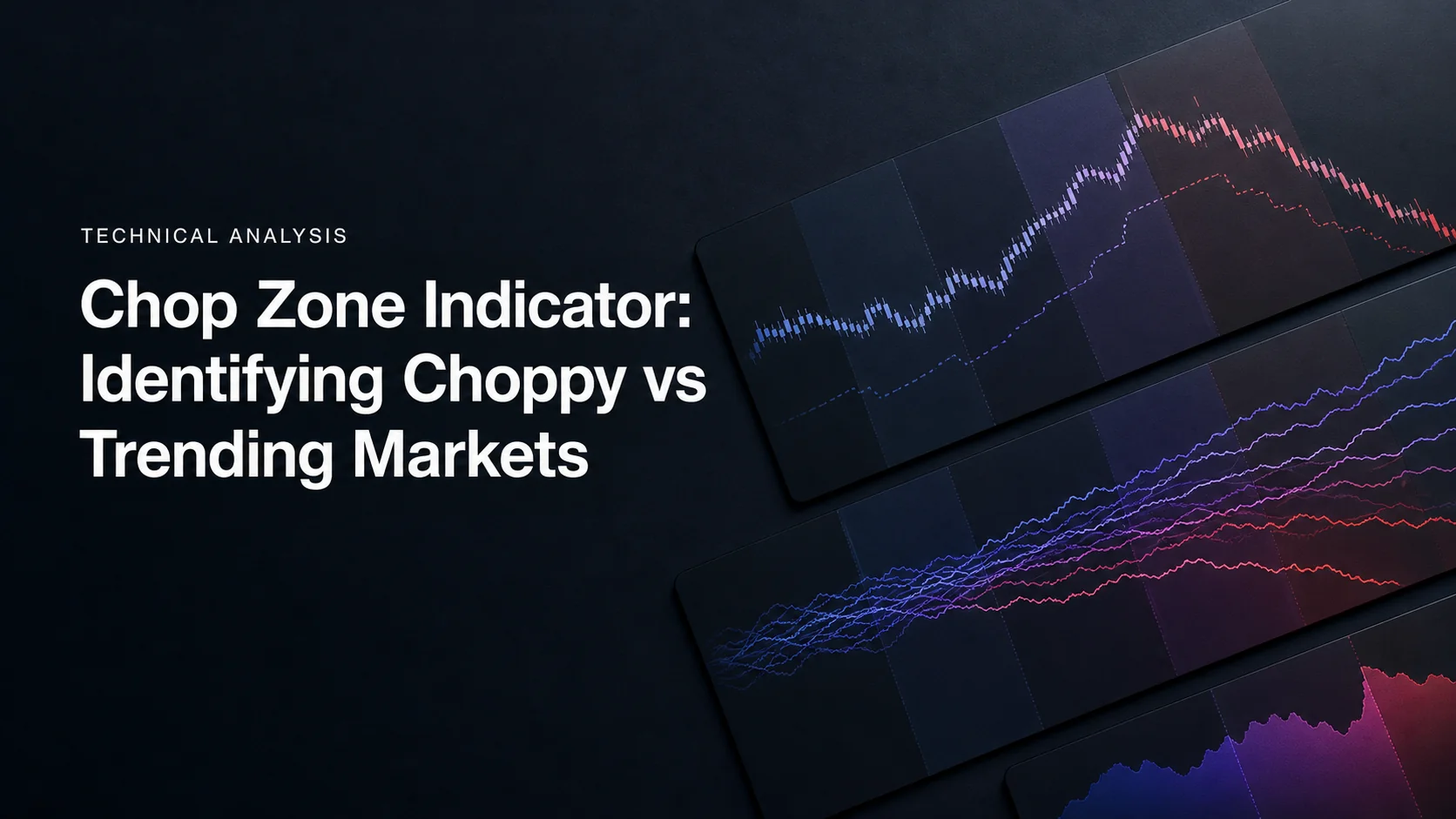 Chart panels with shaded zones behind a rising then falling price series, illustrating choppy versus trending phases