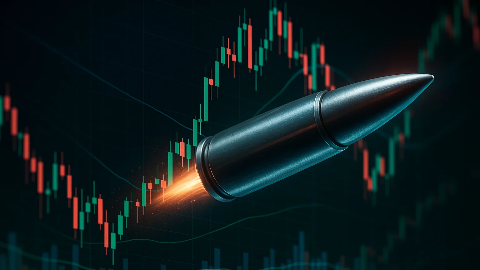 A silver bullet streaking upward across a red and green candlestick chart, illustrating the ICT Silver Bullet setup