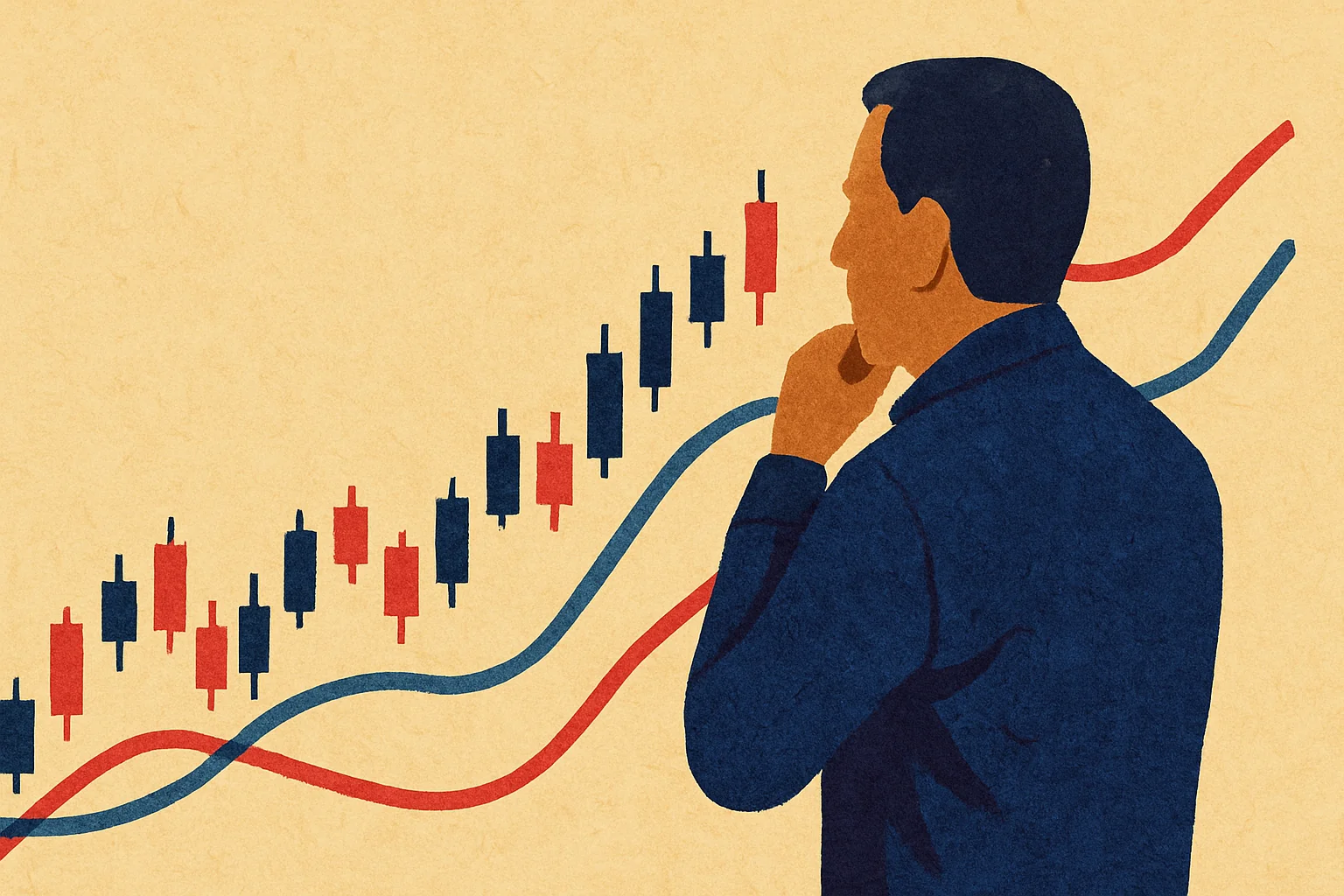 Conceptual illustration of a trader studying opposing market trends and candlesticks