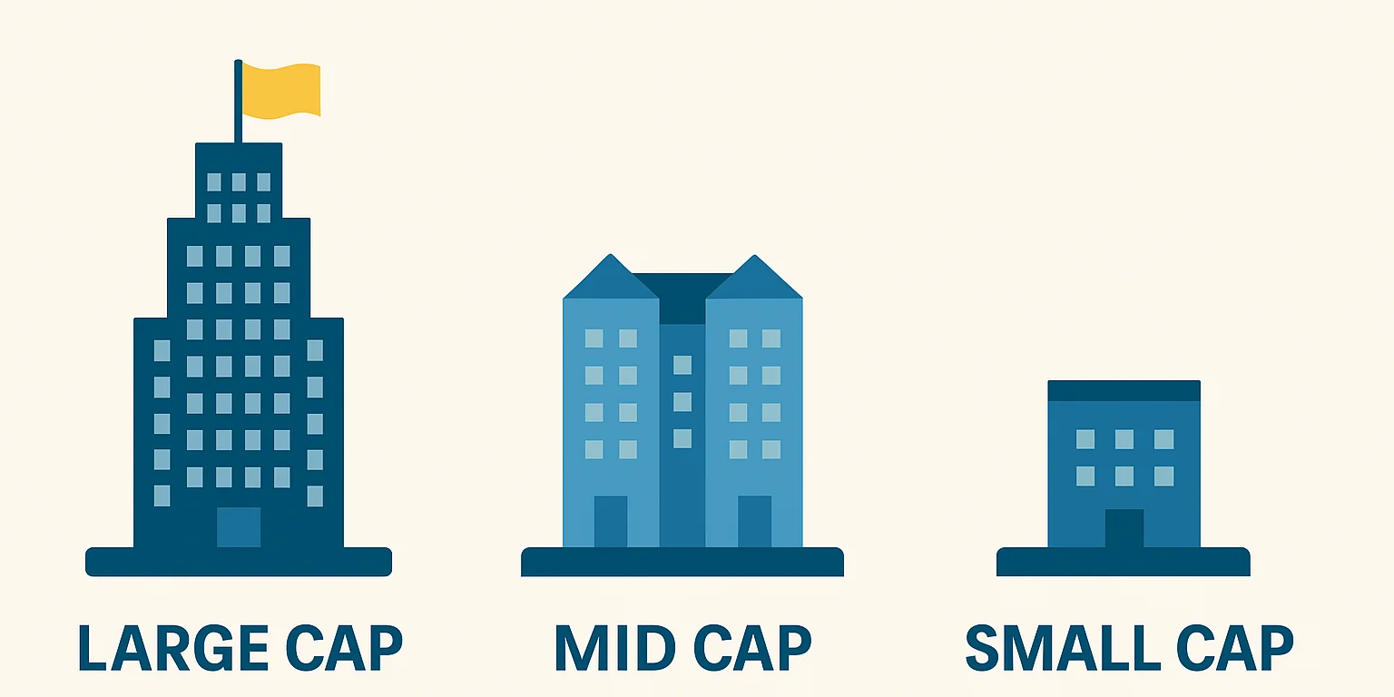 Illustration comparing large-cap, mid-cap, and small-cap companies with three building sizes