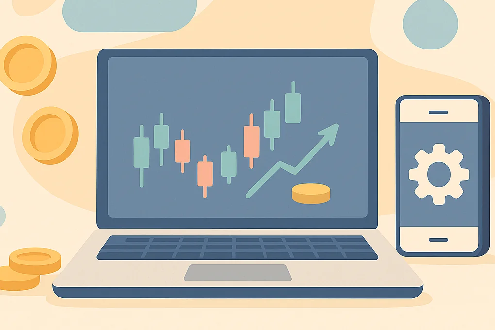 Illustration of a laptop chart, phone settings and coins