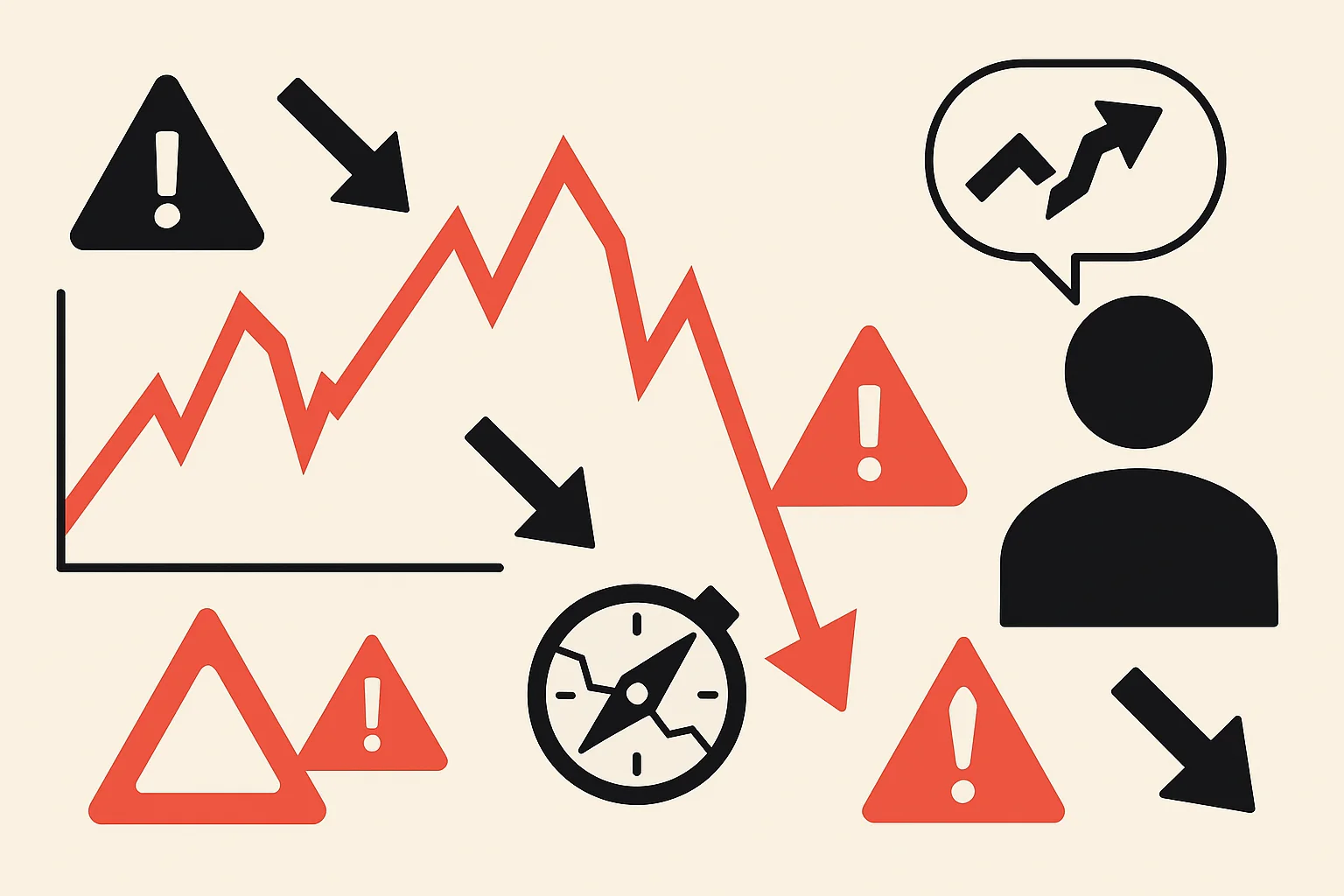 Illustration of trading mistakes, a falling price chart, and risk warning symbols