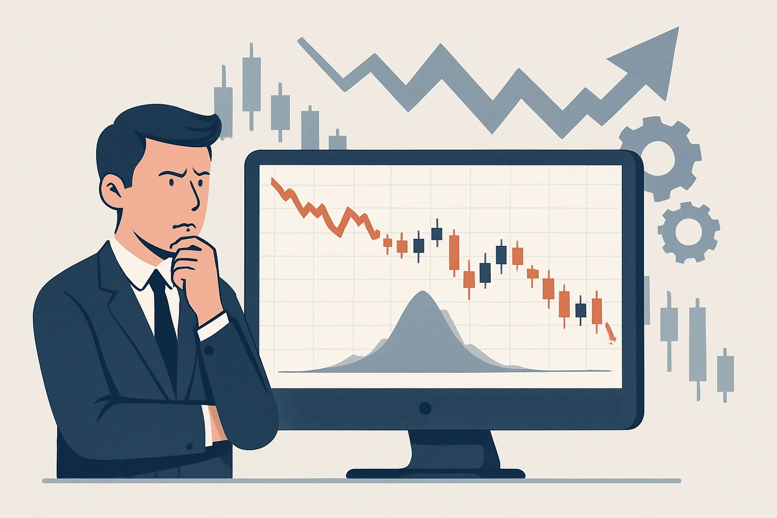 Illustration of a trader reviewing adverse price movements and an outcome distribution