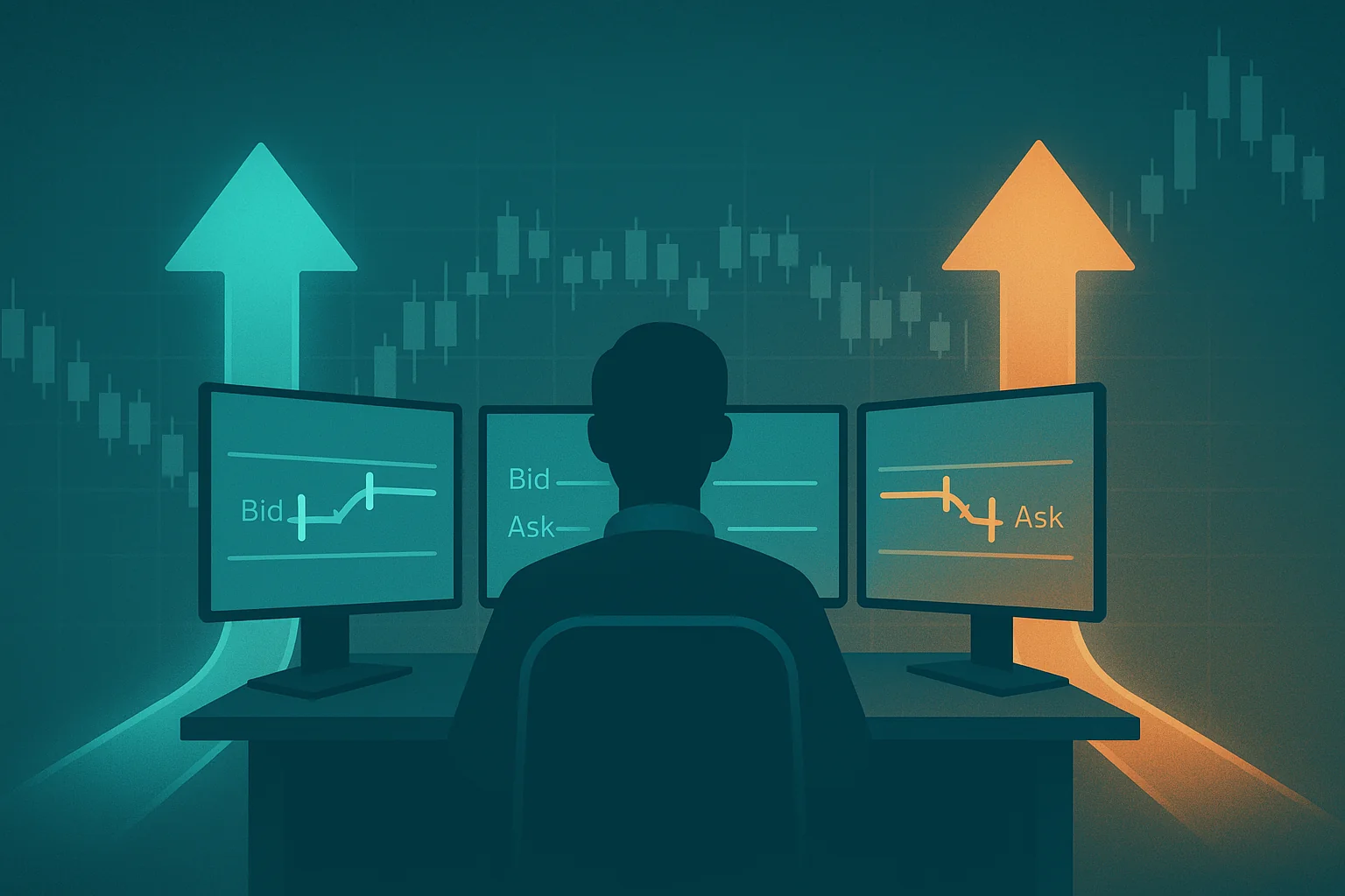 Conceptual illustration of a market maker displaying bid and ask prices