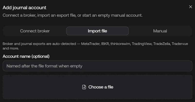 Quant Charts Journal import dialog for a broker or journal export file