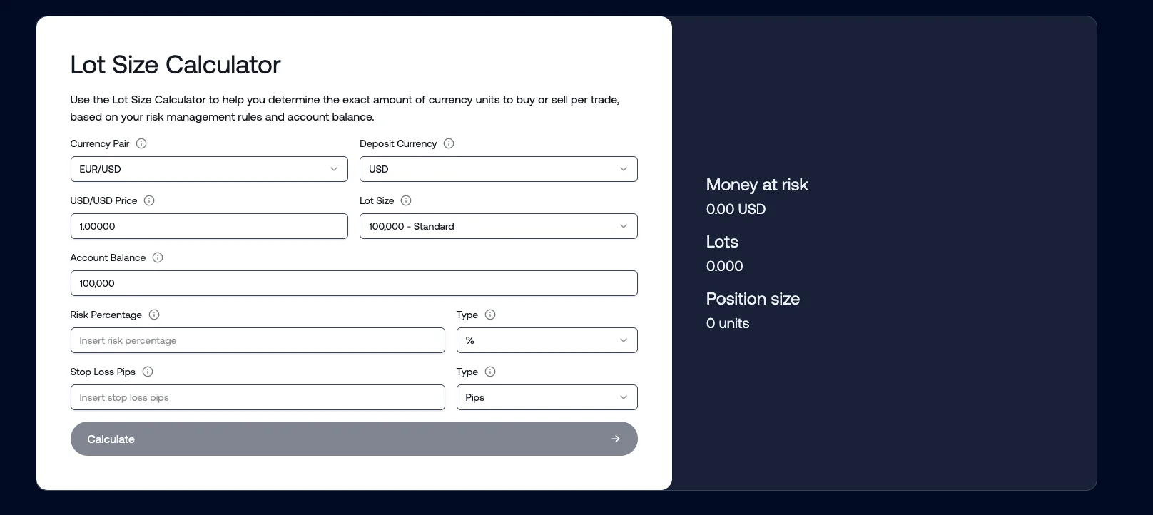 Lot Size Calculator screenshot