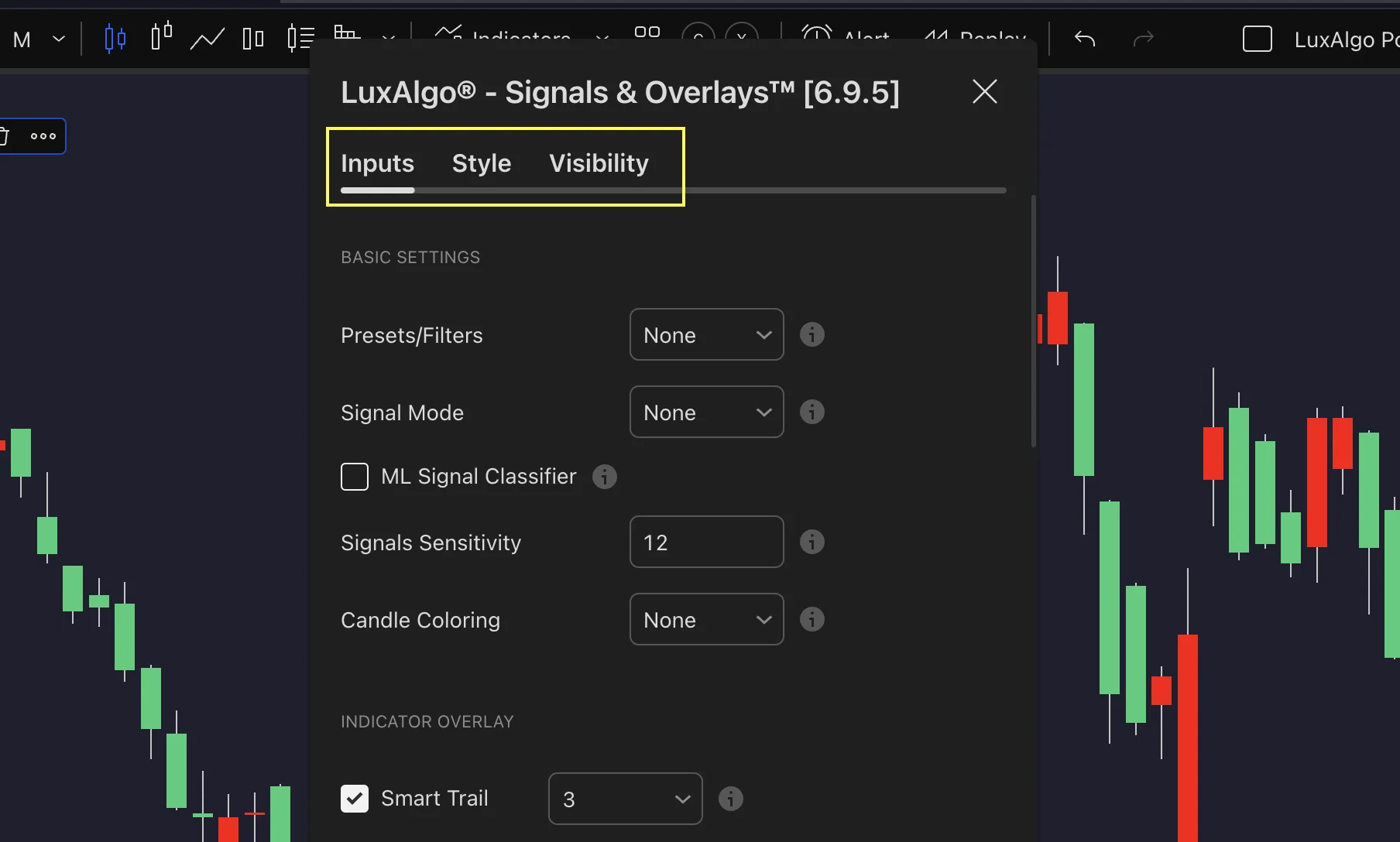 Indicator settings panel with Inputs, Style and Visibility tabs