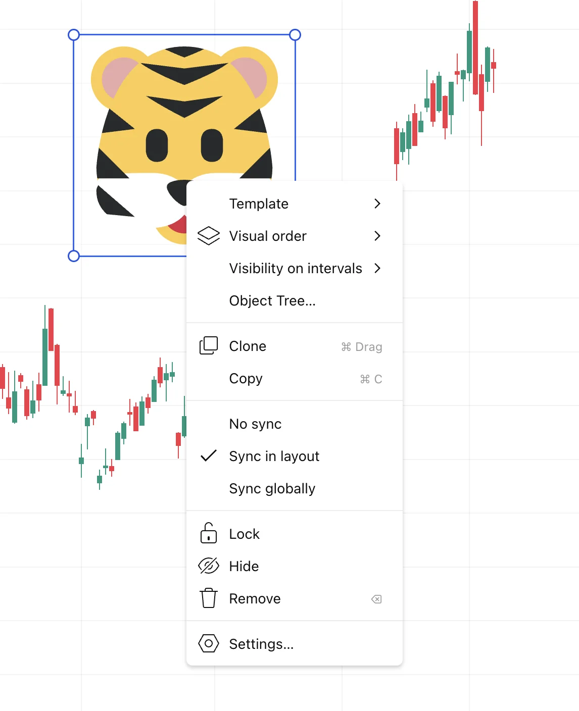 TradingView drawing context menu showing No sync, Sync in layout, and Sync globally