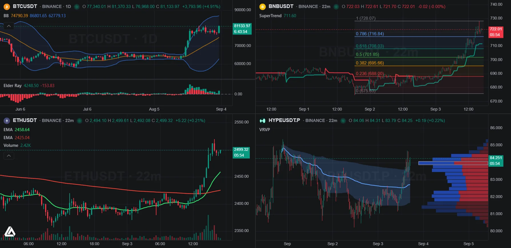 Vela multi-chart workspace: four synced cells showing BTCUSDT daily with Bollinger Bands and Elder Ray, BNBUSDT with SuperTrend and Fibonacci retracement, ETHUSDT with two EMAs and volume, and HYPEUSDT with a visible-range volume profile