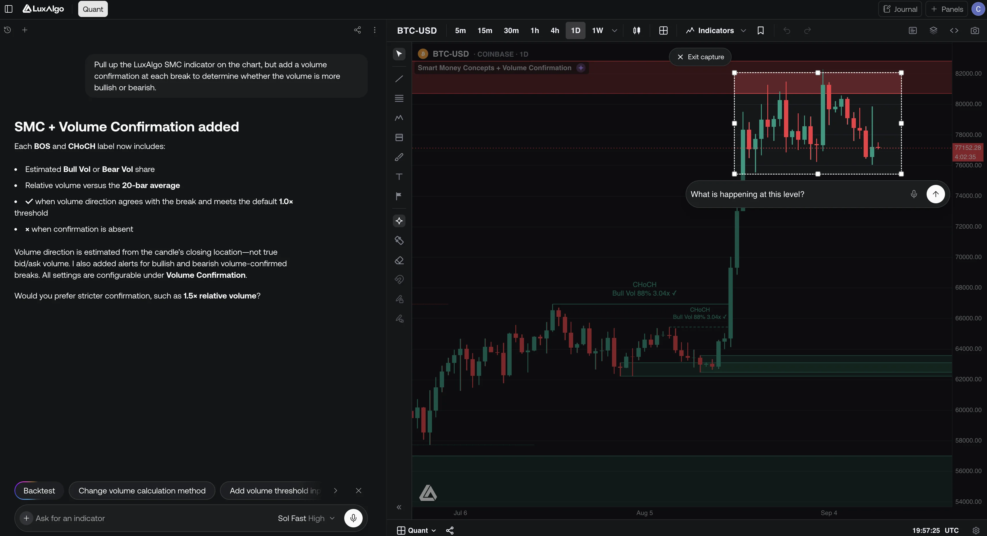 Quant, the LuxAlgo coding agent, beside a chart with a generated script plotted