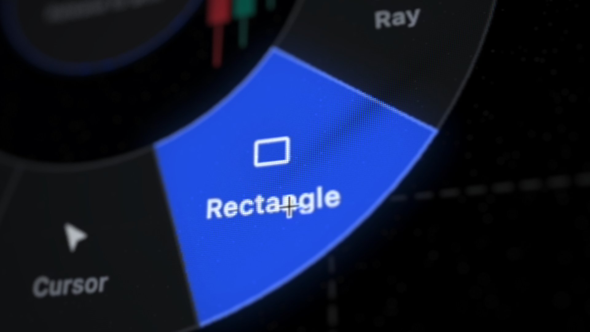 Quant Charts radial drawing menu up close: the Rectangle tool highlighted between Ray and Cursor over a live chart