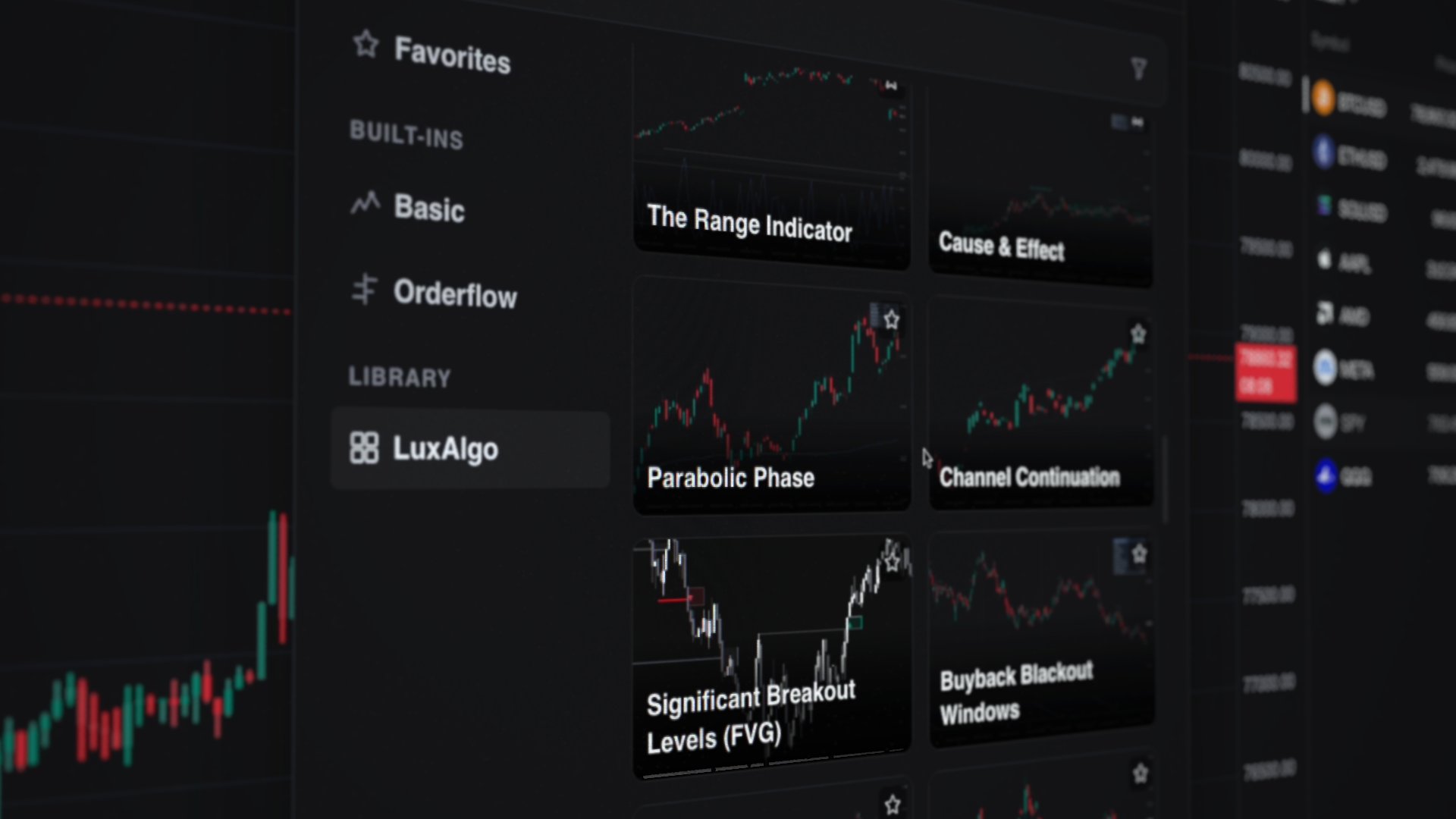 Quant Charts indicator menu: Favorites, Basic and Orderflow built-ins, and the LuxAlgo Library tab open on a grid of indicator previews